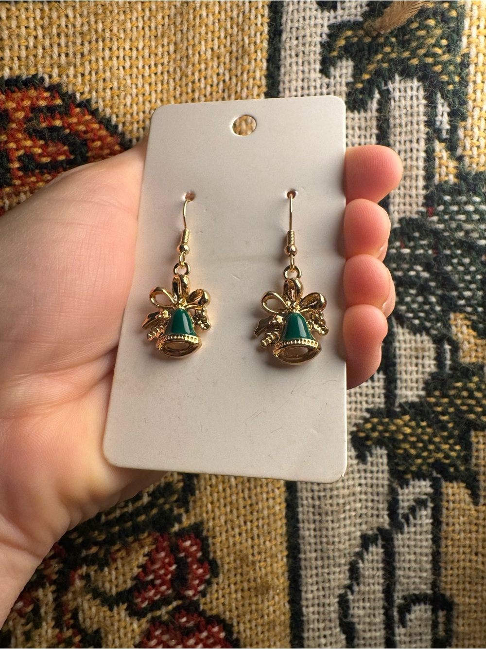 Gold-Tone Earrings with Green Bell Charm - Women Jewelry